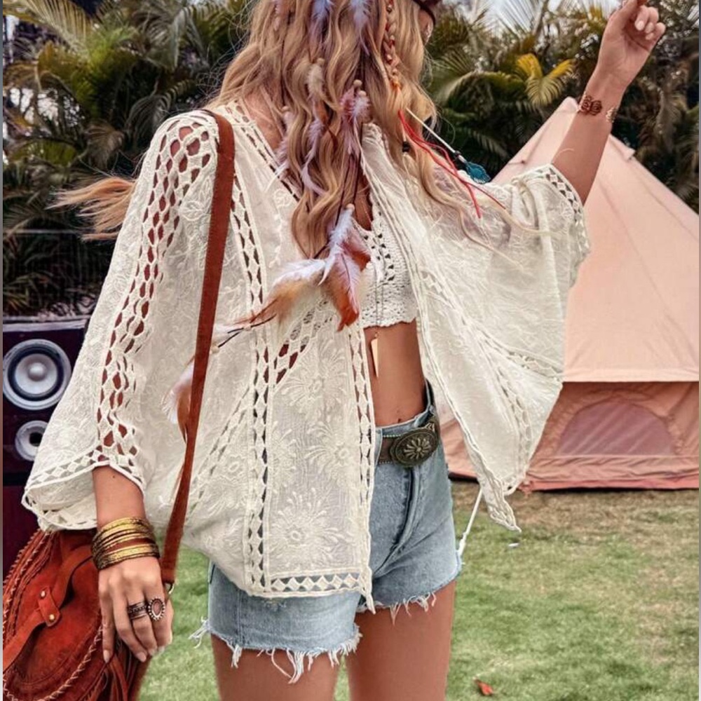 Crochet lace embroidered cover up cream top kimono boho
